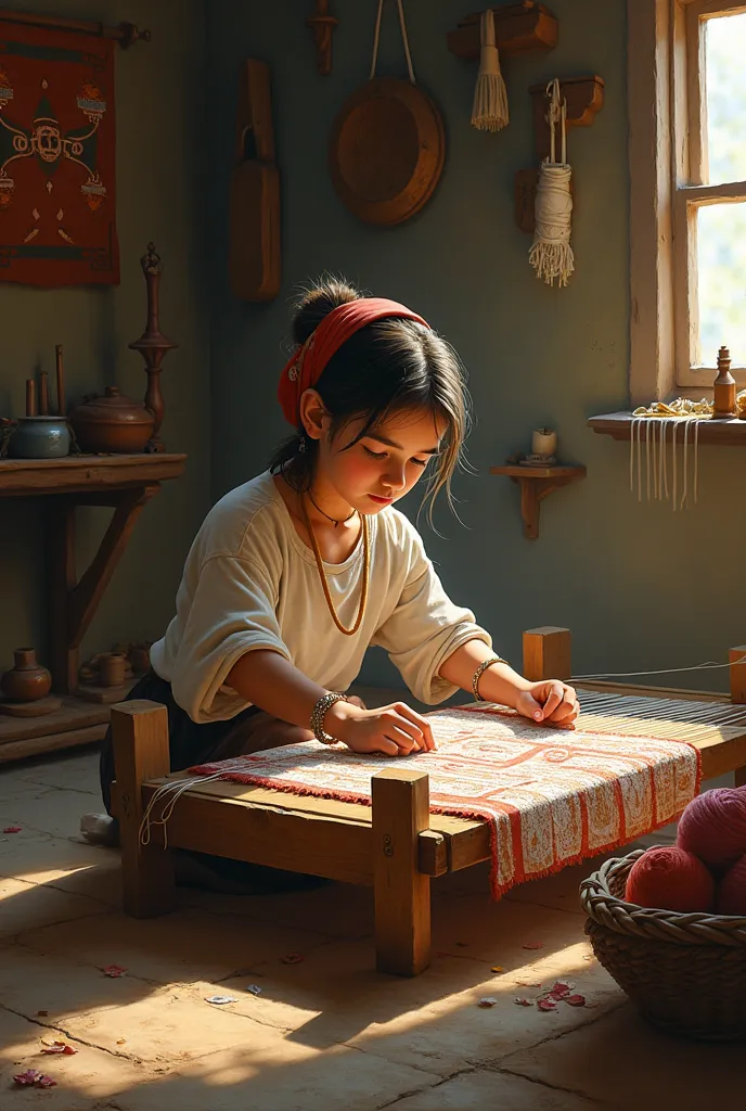 a peasant girl weaving on a loom