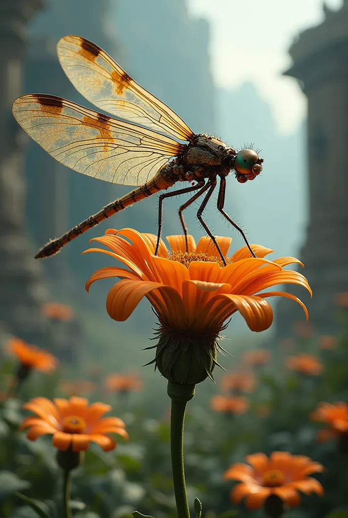 magic mechanical elegant dragonfly, ancient mechanism, fantasy art, ancient civilization, sitting on the flower