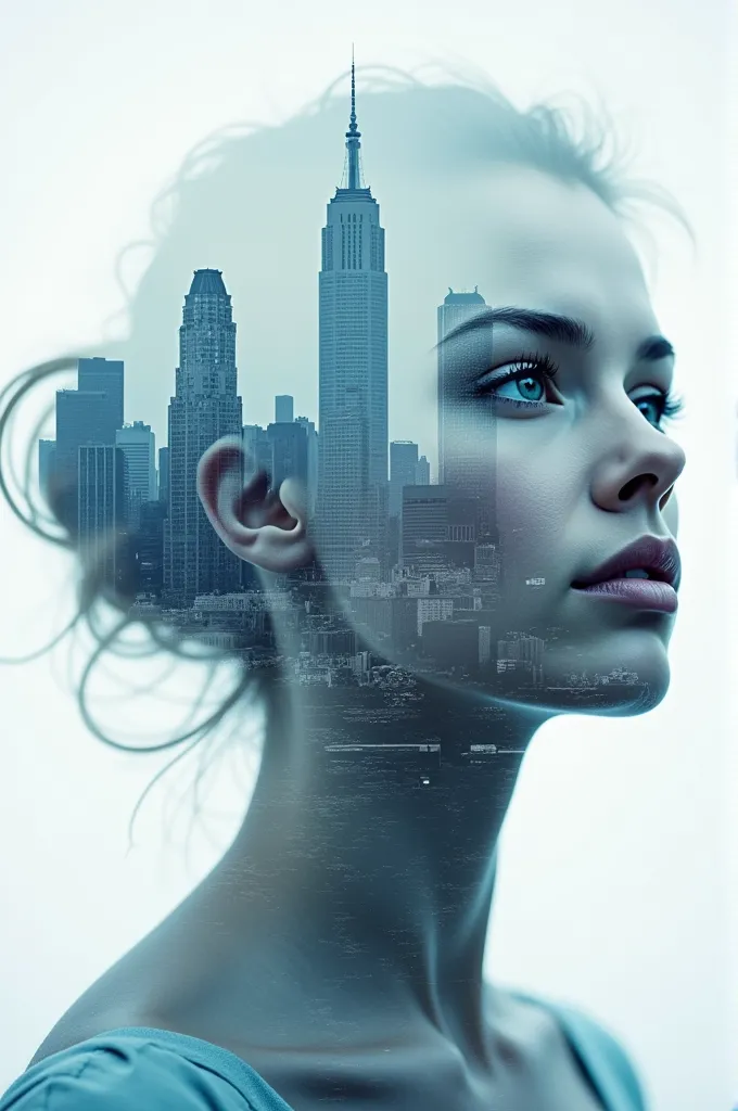 double exposure style,a city skyline on the woman's face,double image ghost effect,image combination,double exposure style,1 gir...