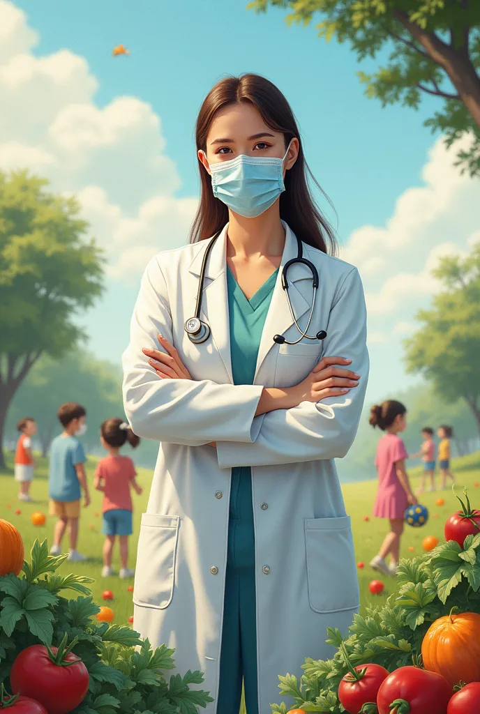 draw a semi-realistic drawing of a female doctor in the center with a mask and a lab coat and around her place things like child...