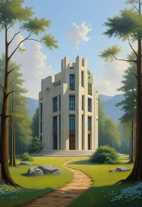 ralph-mcquarrie style, greek architecture done in a sci-fi style on a beautiful forest and meadow scene with tall buildings and ...