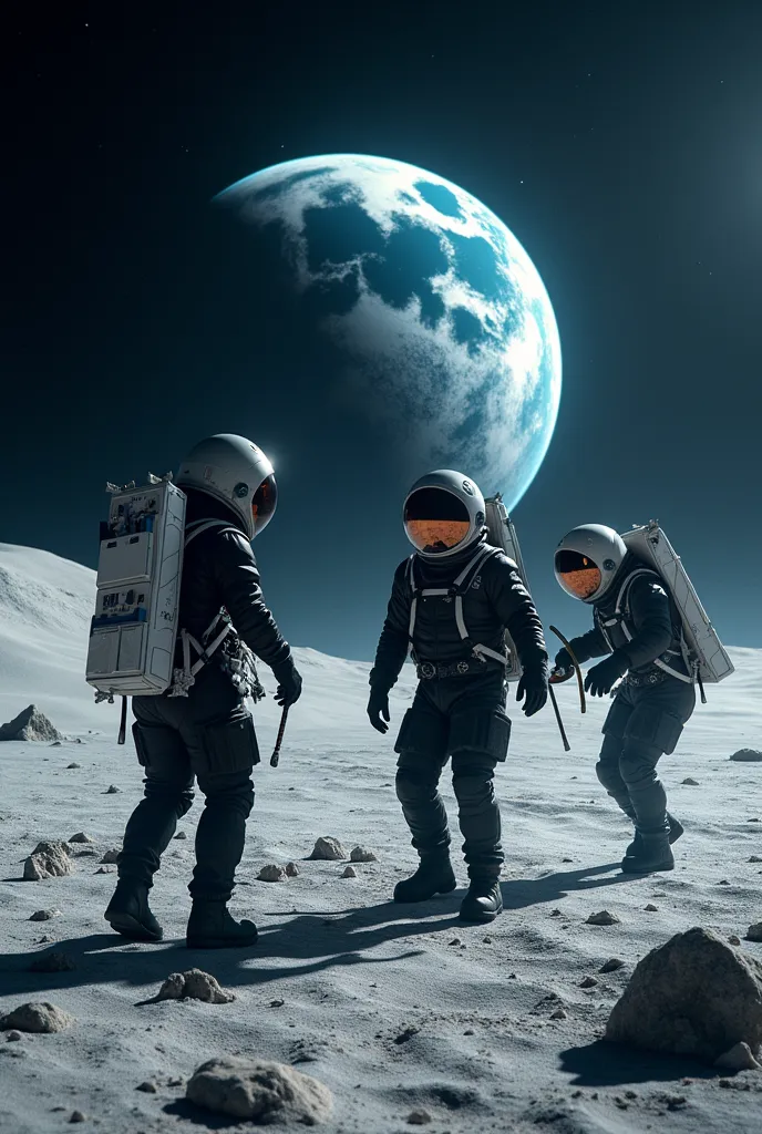 vários astronauts, black suit, walk on the moon, working, earth on the horizon. cinema style, 4k, great angular