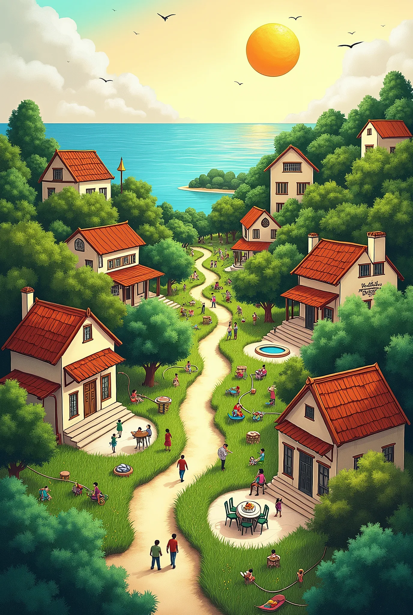 illustration of a village with a pathway leading to a beach