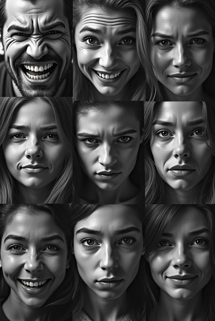 many faces of different people turning to different angles with different intensive facial expressions including anger, happines...