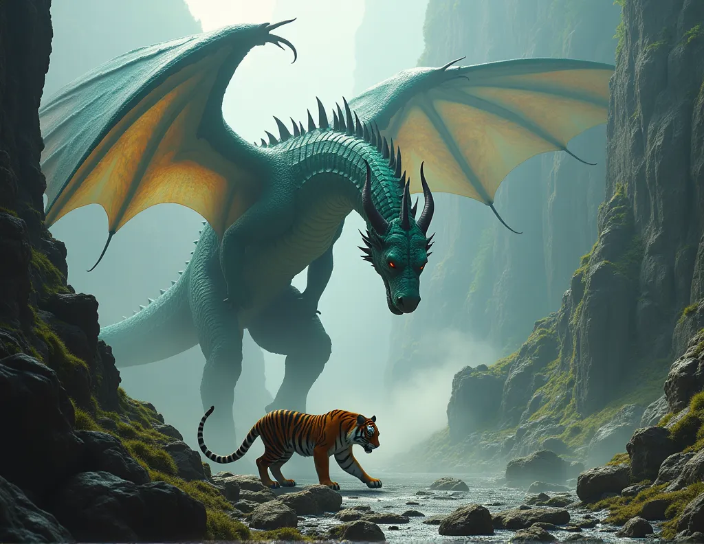 a highly detailed and realistic image depicting a tense standoff between a dragon and a tiger. the scene is vertical, with the d...