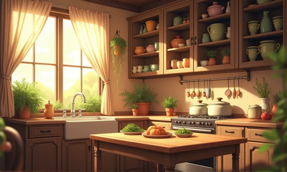 anime kitchen background, without people, blurred