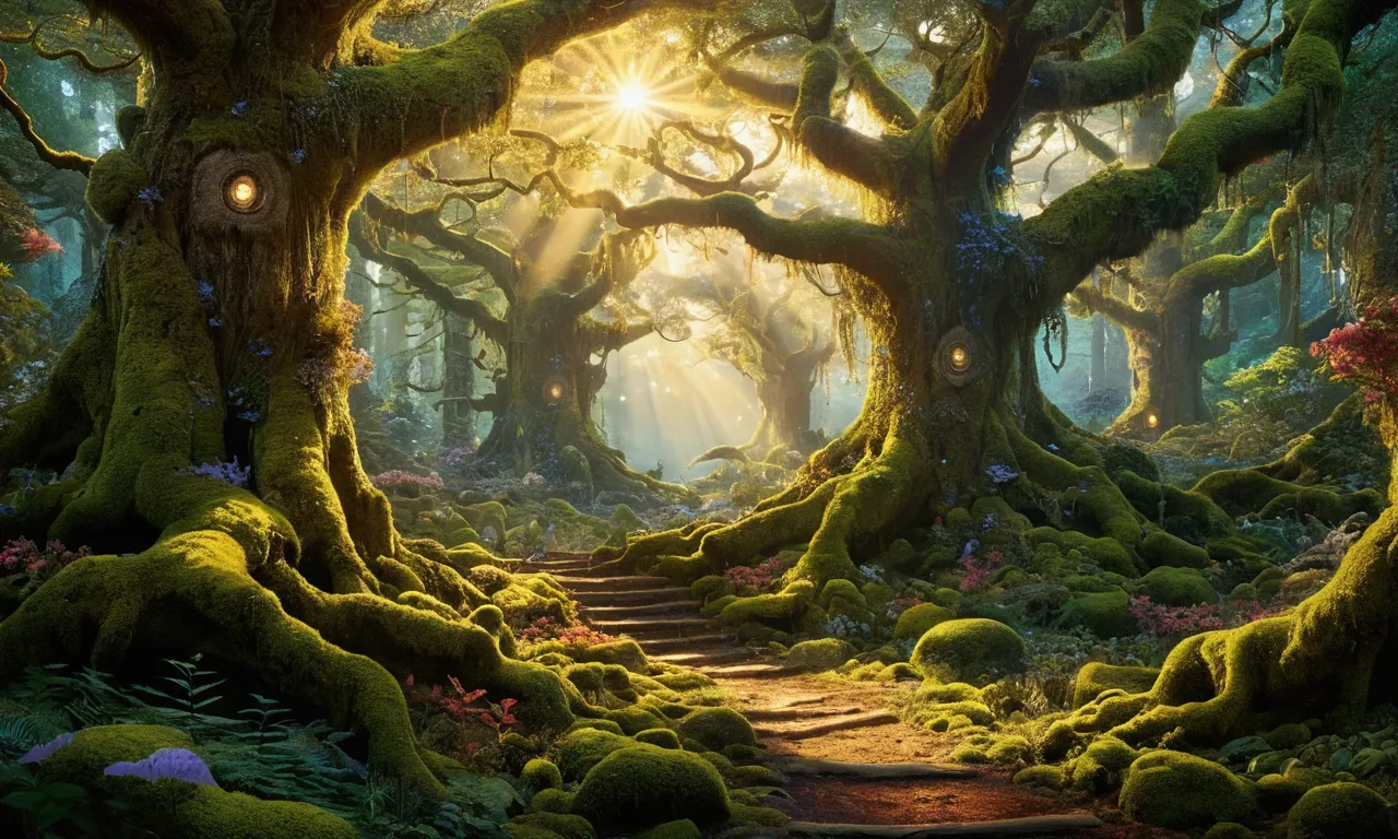 enchanted forest at dawn:
a magical forest at dawn, with giant trees covered in glowing moss, luminescent flowers and mystical c...