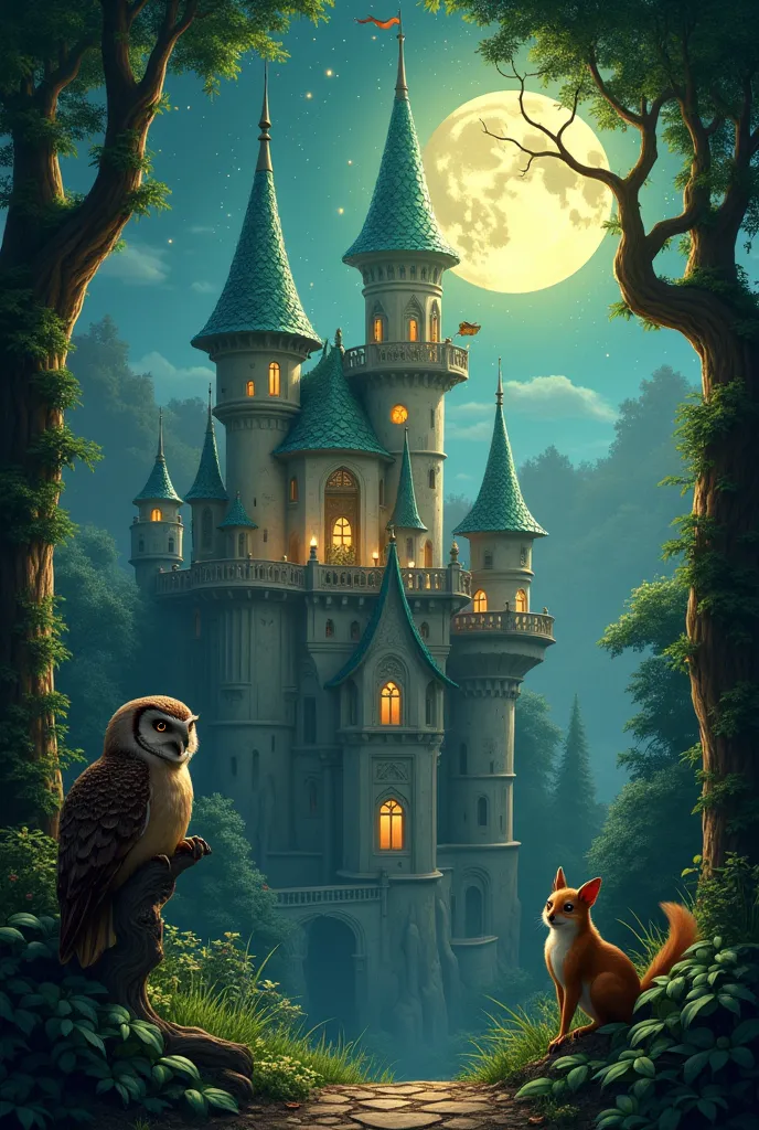 magical royal castle, enchanted forest, emerald shimmering scaled dragon, wise old owl, mischievous squirrel, starsky