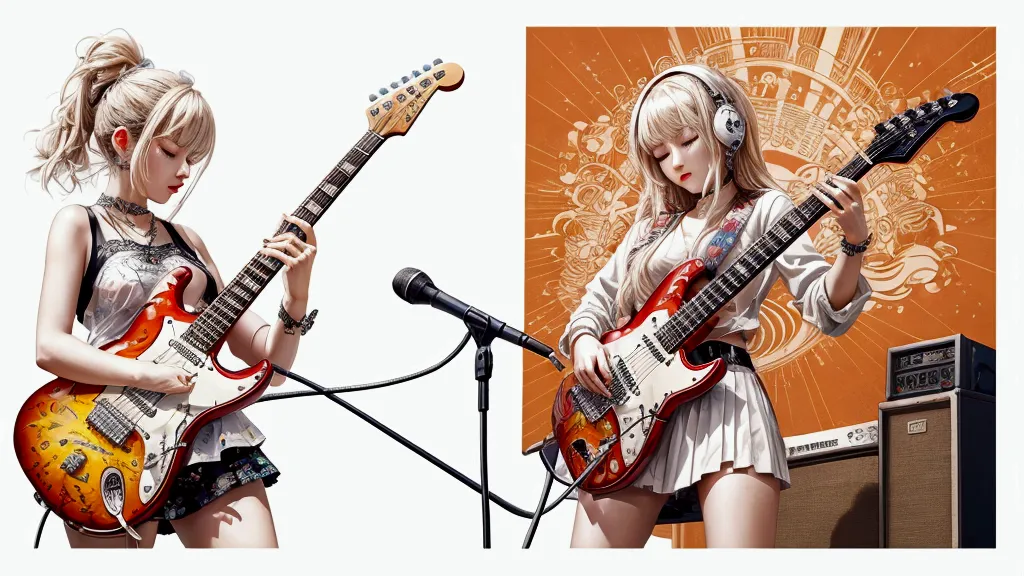 draw a music festival poster，playing electric guitar，musical note elements