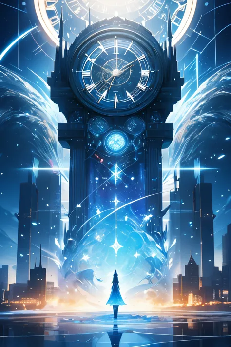 there is a clock that is on the side of a building, frozen time effect, crystalized time warps, time vortex in the background, 4...