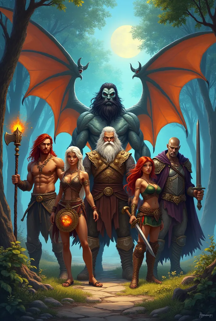 a group of six members, including;

1 a short, red-haired dwarf with an axe.

2 a male elf with dragon wings and white hair.

 3...