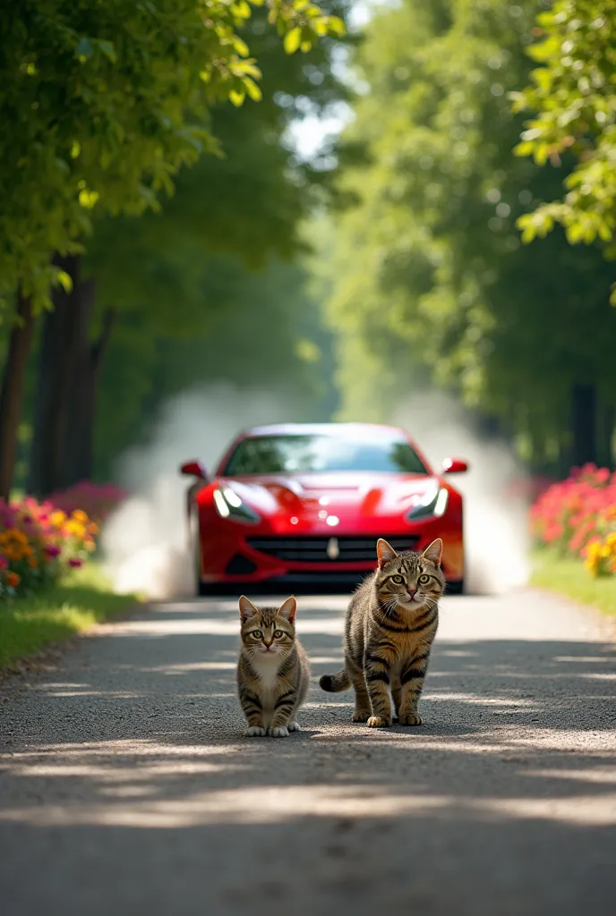 the car approaching dangerously
prompt: a speeding car coming directly toward cat and his father cat. the car is shown in motion...