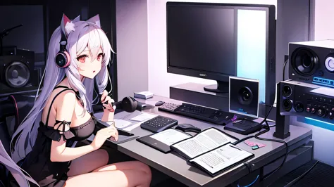 distributor、cat ear headphones、monitor、profile、beautiful girl、prism、condenser microphone