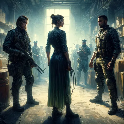 arafed image of a woman in a dress standing in a room with soldiers, cover game art, dramatic artwork, by adam marczyński, detai...