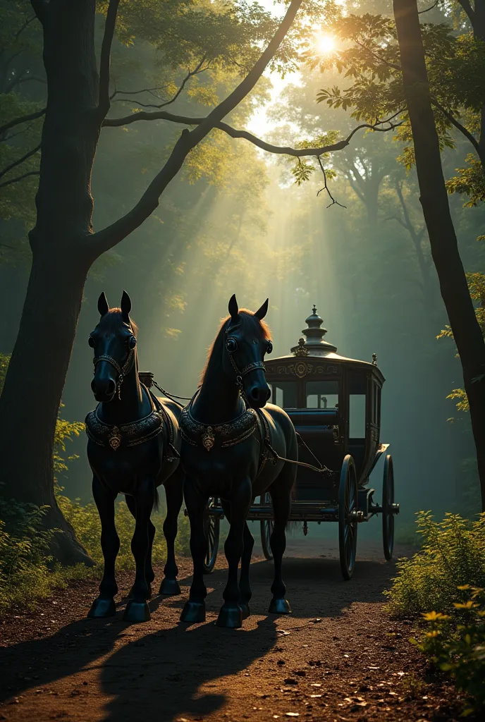 make a large carriage in the middle of a forest, dark aesthetics, the horses look like dark corsets and there is a lot of light