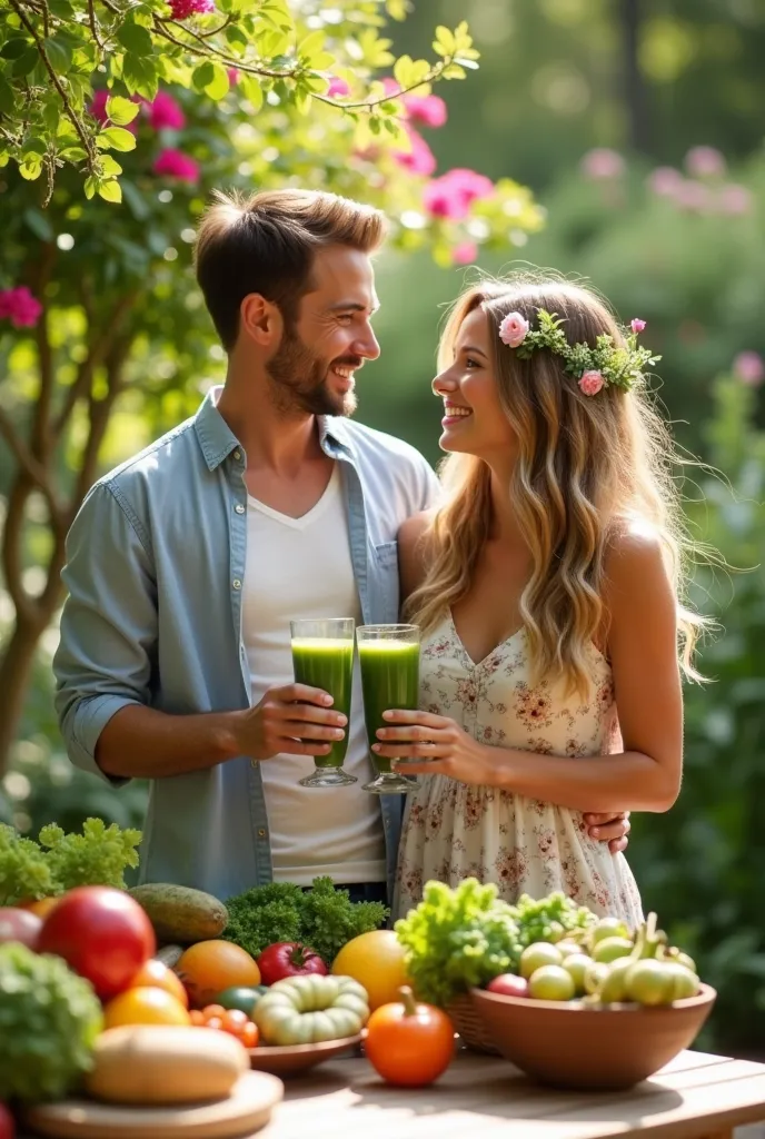 healthy home and wife couple drinking green juice in outdoor place