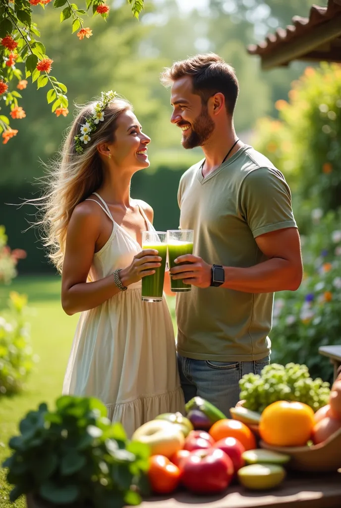 healthy home and wife couple drinking green juice in outdoor place