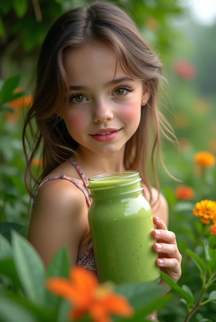 a girl drinking a green detox smoothie, beautiful detailed eyes, beautiful detailed lips, extremely detailed eyes and face, long...