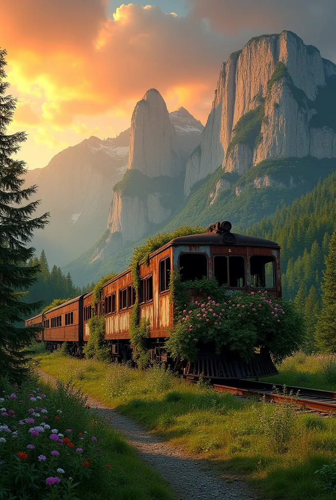 an abandoned train in the forest with flowers on top of a mountain orange sunset