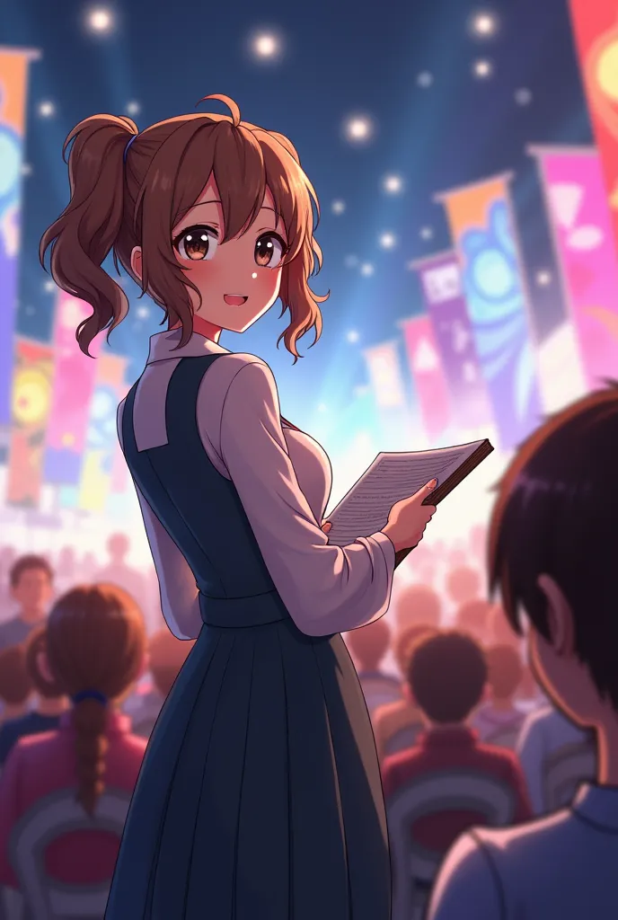 audience listening to an anime girl with brown hair tied up, brown eyes and the girl is on a podium in front of the audience