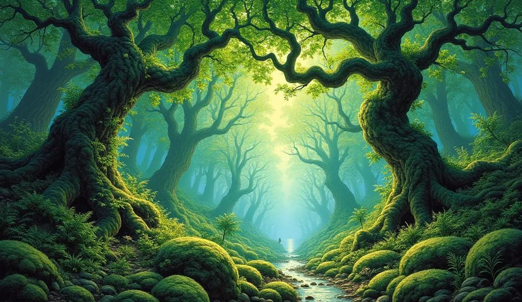 a painting by roger dean of a forest with different shades of green