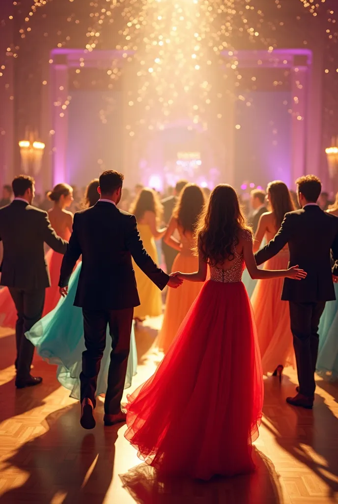 in the brightly lit ballroom, a lively and vibrant scene unfolds. the space is adorned with sparkling lights that illuminate the...