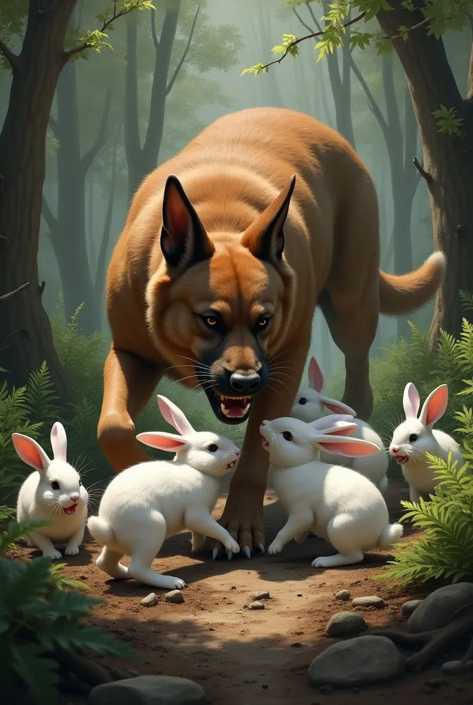 (photorealism:1.2), dog, brown, attack white bunnies into the forest,
mother rabbit offers to be eaten to save her children