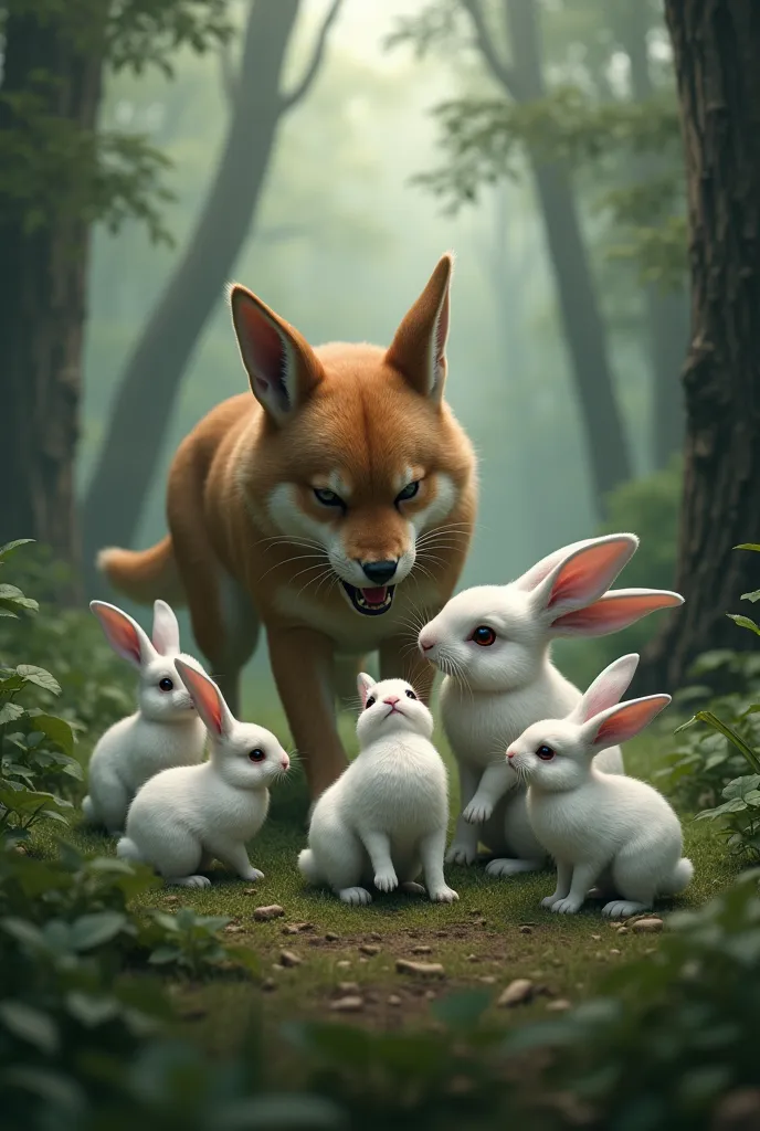 (photorealism:1.2), dog, brown, attack white bunnies into the forest,
mother rabbit offers to be eaten to save her children, mot...