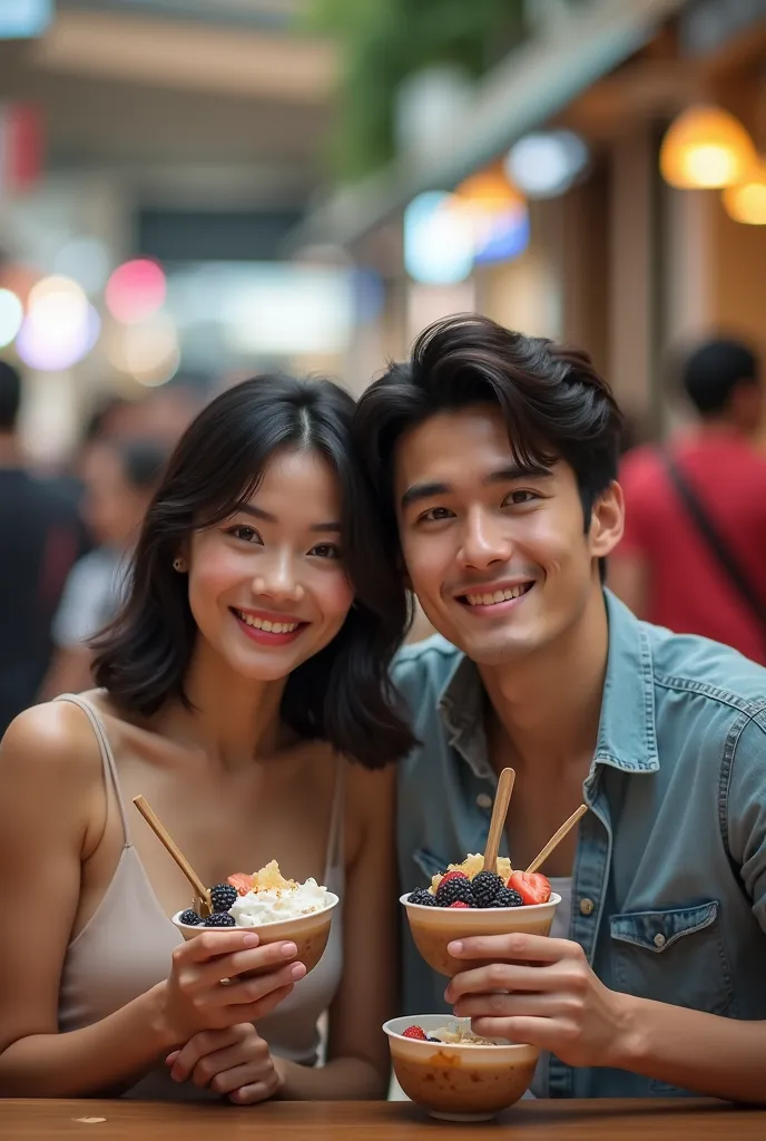 realistic man and wife 25-35 years old, at the mall, black hair eating açaí , with friends ultra hd, high qualiy, best qualityer...