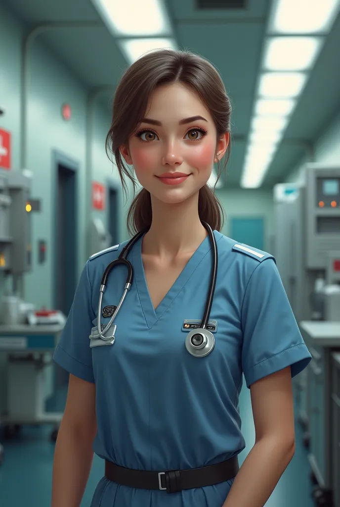 create a realistic image of a female nurse at a military base. 50 years old, brown hair and brown eyes and friendly