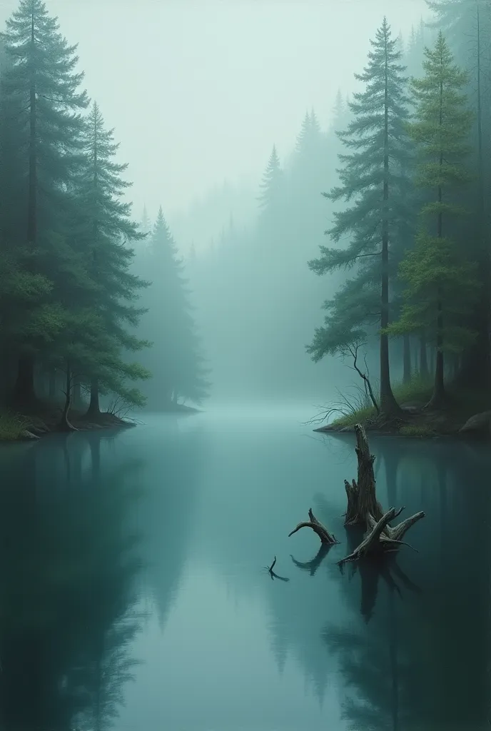 painting of a lake surrounded by dense forest, fog, tree trunk submerged in the lake