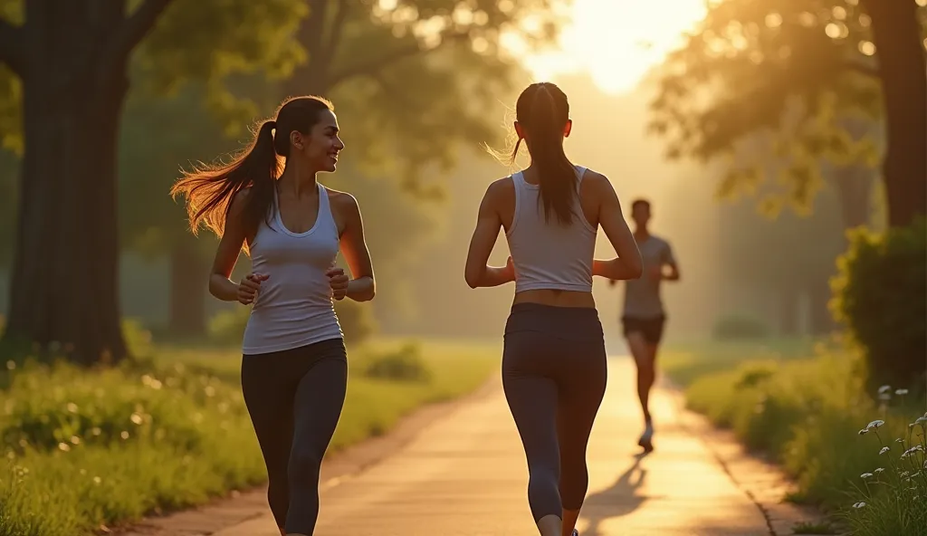 early in the morning, two 24-year-old girls are jogging in a park in jogging attire. both are very beautiful. one of them is nam...