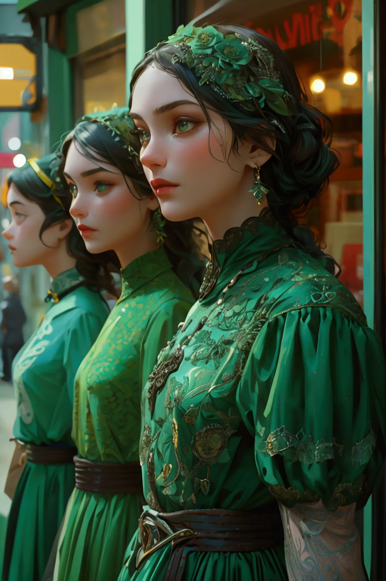 group of people in green dress standing in front of a store, movie announcement,  realistic,