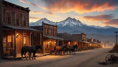 an old wild west town in 1830s america, wooden saloons, horse carriages, lawless atmosphere, a sheriff's office, a row of small ...