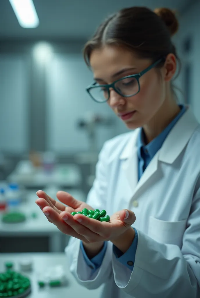 green capsules in scientist&#39;s hand