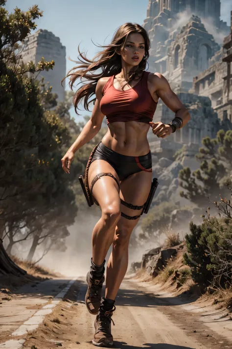 full body sexy beauty lara croft, thin, tall, brown long hair, brown eyes, red lips, athletic slim figure, big breast, muscle, n...