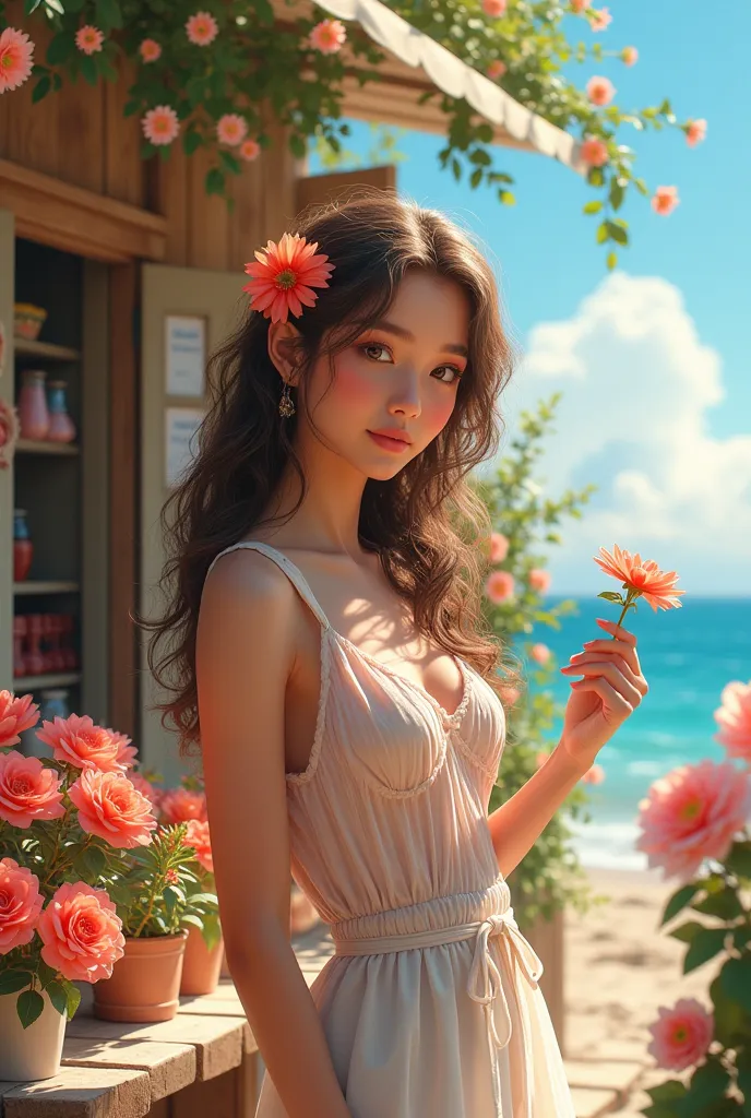 near the sea, a small flower shop full of flowers, sunny day, next to the shop, next to the pictures, next to the portraits, a b...