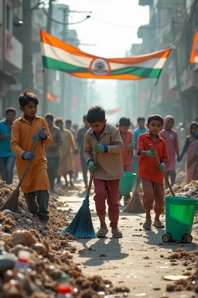 photo of a cleanliness drive in india. people, including children, are sweeping the streets with brooms. the streets are lined w...