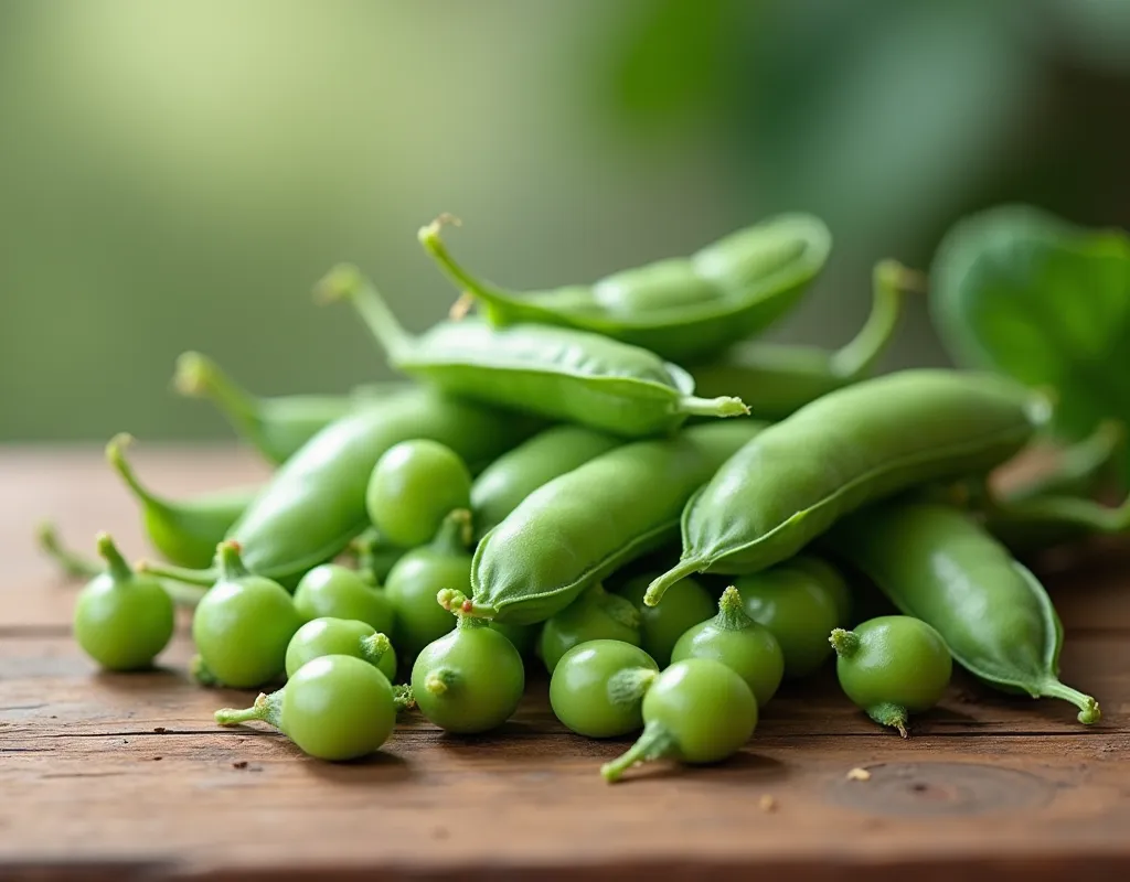 beautifully peas on a table,delicate stems with tender tips,crisp and fresh,artistic presentation,naturally vibrant colors,(best...