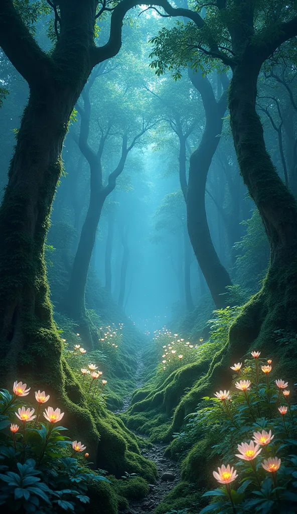 a dense, magical forest with towering, ancient trees and bioluminescent flora. the undergrowth is alive with softly glowing plan...