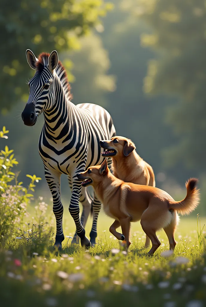 i want a picture with two dogs and a zebra