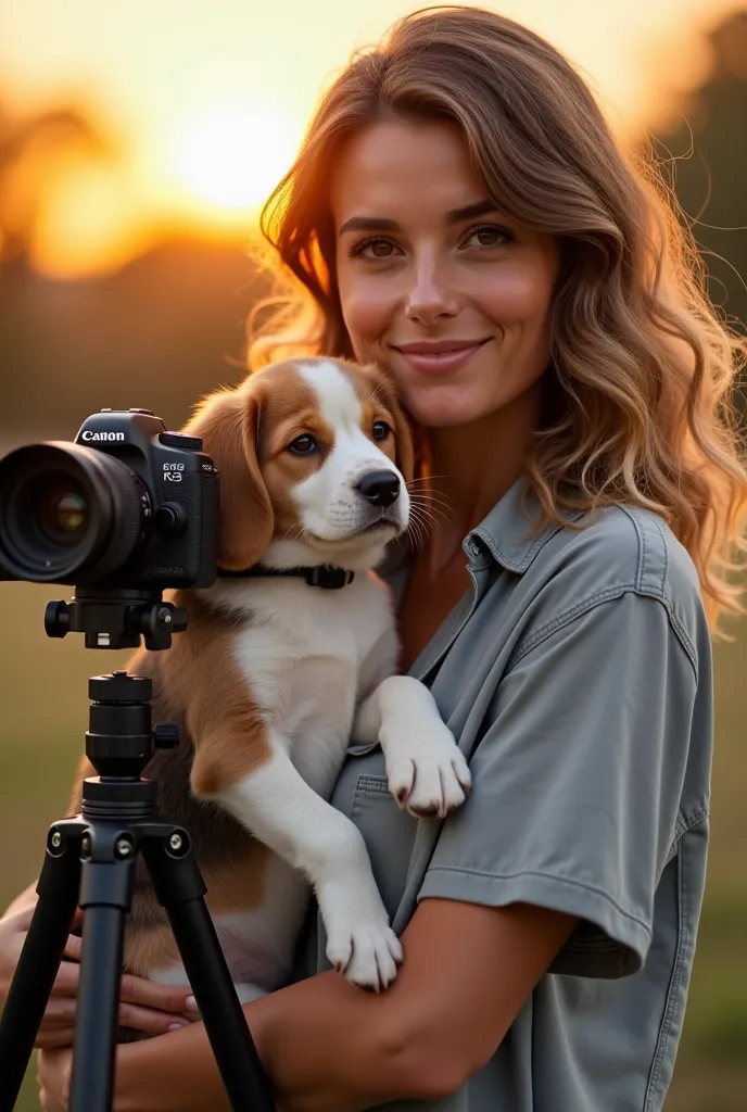 frealistic photo of a mature brunette holding a beagle puppy, she has wavy brown hair with blonde highlights, hazel eyes, beauti...