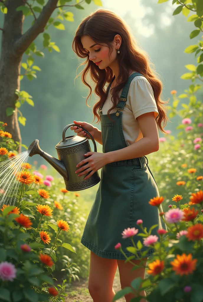 image 8: clara using a watering can instead of a hose, watering the plants carefully.