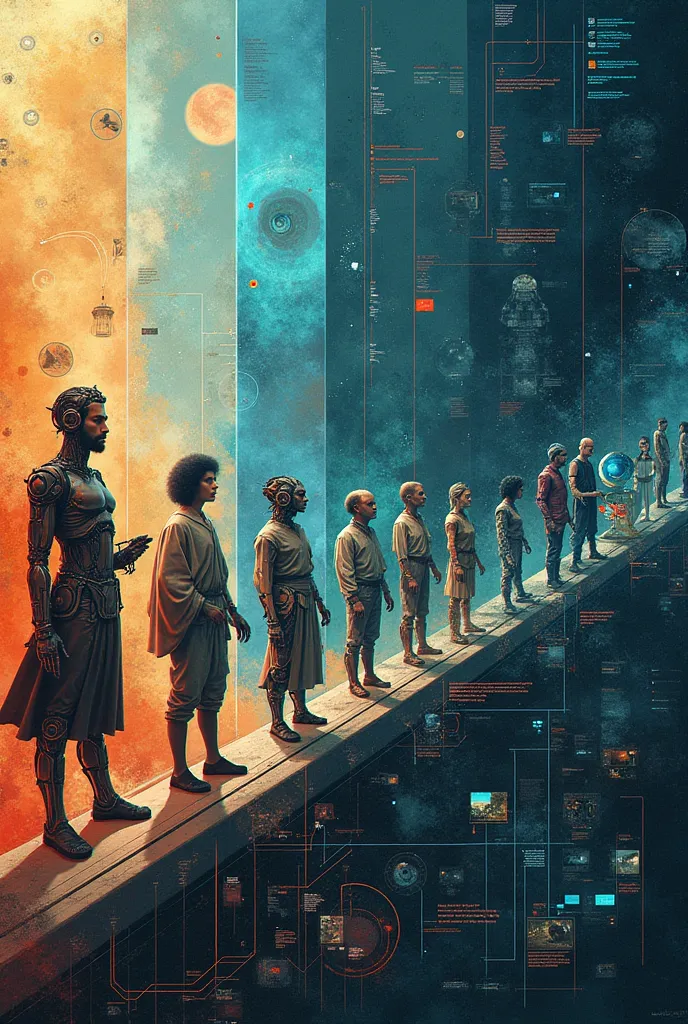 "create a detailed image representing the evolution of artificial intelligence. the scene should depict a timeline that spans fr...