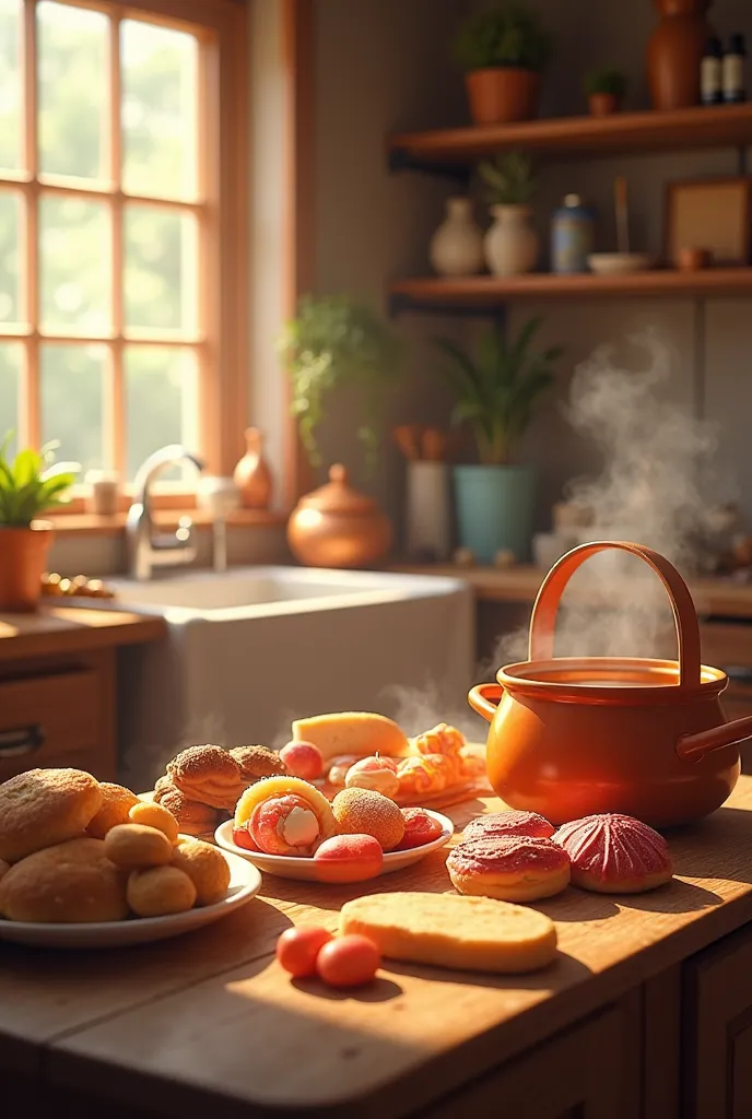 a beautiful kitchen where there is bread, disney-style candy and hot soups