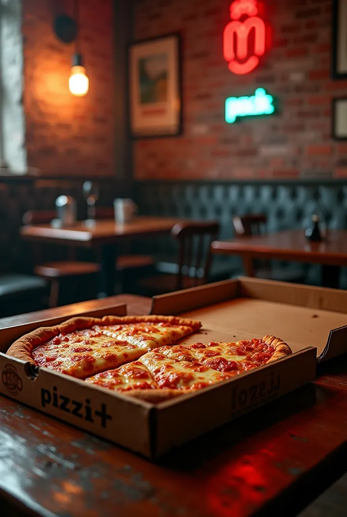 estilo hard rock anos 80's. a rock pub, a table in front with a half-open mozzarella pizza box, missing slices and runny cheese....