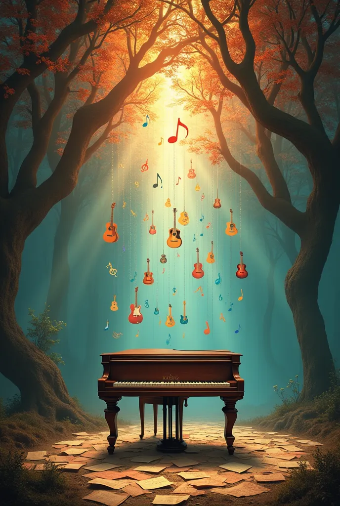 imagine a visually stunning dreamscape dedicated to the theme of music. in the center, an old, ornate grand piano with ivory key...