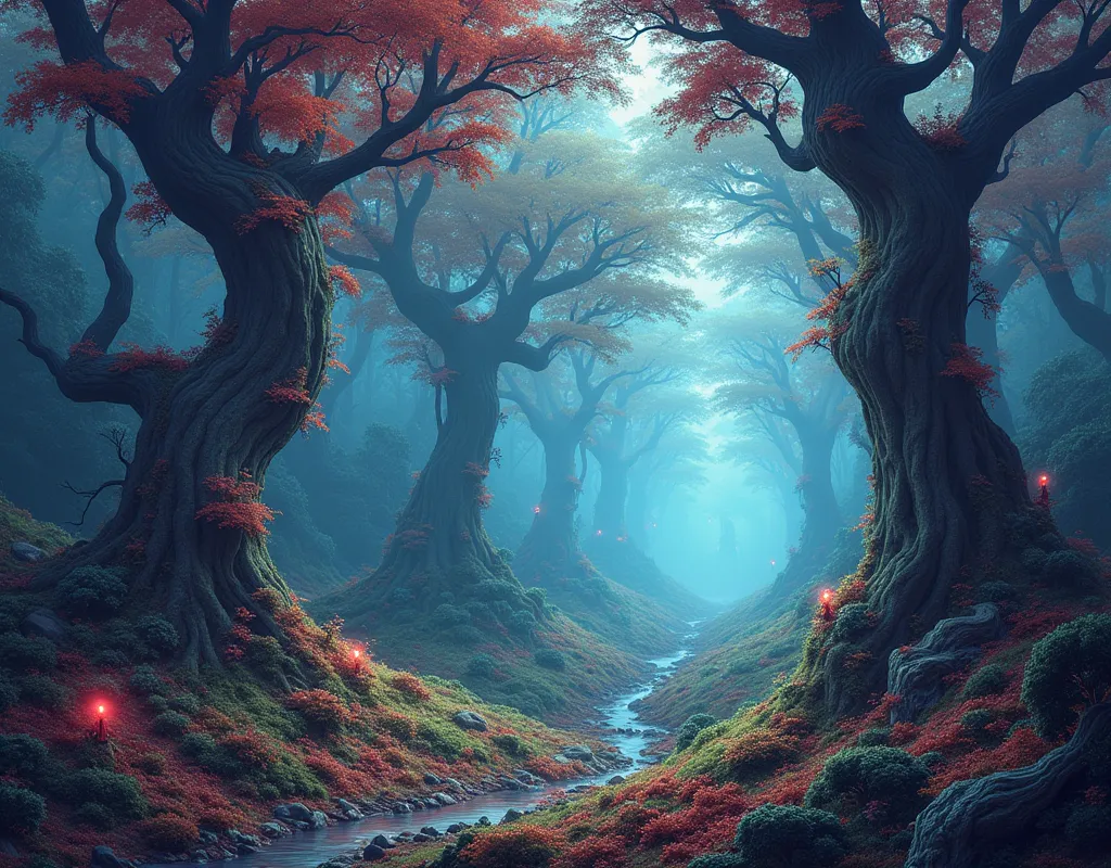 surrealist dream forest: imaginative, vibrant, otherworldly, mythical, mysterious