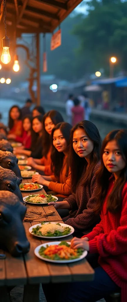 8 beautiful indonesian women who are a bit fat, loose hair, big nose, wear colorful sweaters, long pants, sit down, all faces fa...