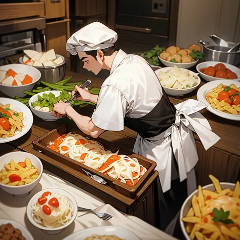 here’s a description of a chef’s activities in english:

**the chef in the portpt kitchen expertly prepares various dishes.** he...